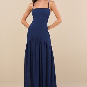 Lulus Auria Navy Blue Chiffon Drop Waist Maxi Dress - Size M